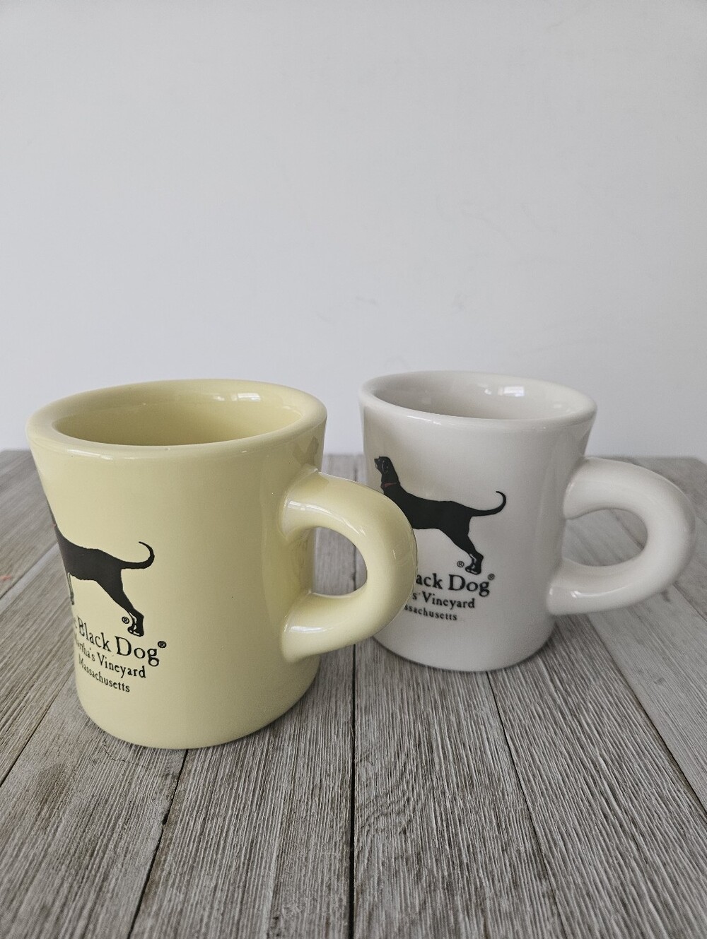 Pair of The Black Dog Martha's Vineyard Massachusetts Yellow and White Coffee Mu
